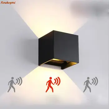 Roukeymi conduziu a lâmpada de parede sensor movimento ao ar livre à prova dwaterproof água quarto hotel cabeceira cubo simples escurecimento quadrado