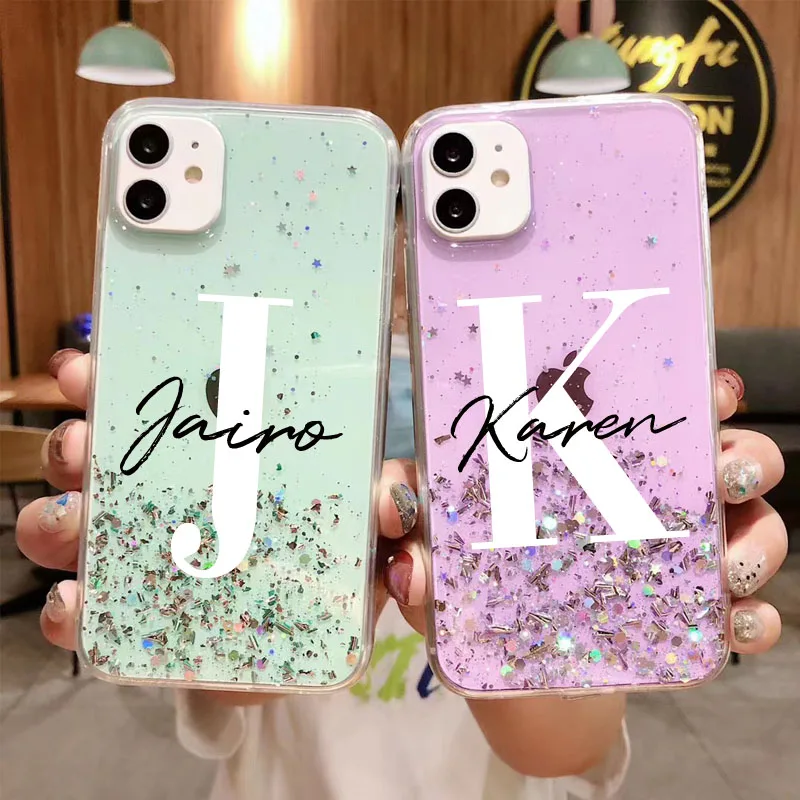 ปรับแต่ง Monogram ชื่อเริ่มต้น Glitter สำหรับ iPhone 14 13 12 11 Pro Max 8 Plus XR XS Max luxury Clear Personalisa ฝาครอบ