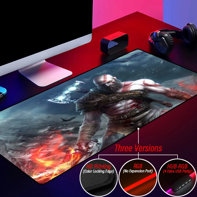 Personality Hot RGB Luminous God of War Mouse Pad HUB 4 In 1 USB Ares Kratos Washable Mousepad HD Custom HD Printing Desk Mat