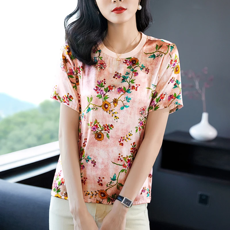 

Prairie Chic Real Silk Summer Women Tops Tees Elegant O-neck Short Sleeve Floral Print Tee shirts Loose Casual Satin T-shirt