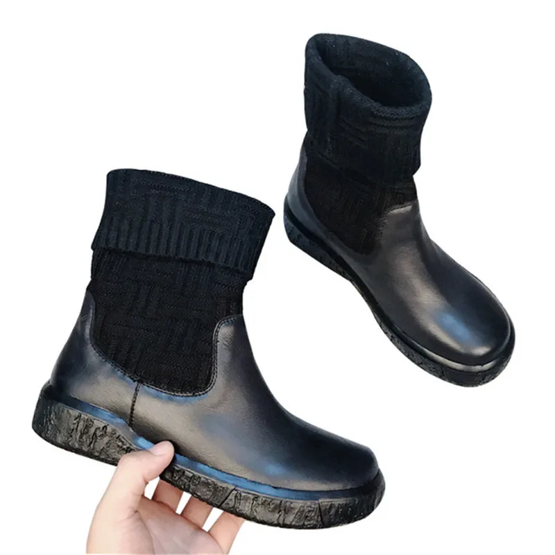 Higher winter women leather boots in wool socks mouth boots lady in the flat tube riding boots to keep warm and comfortable # 39