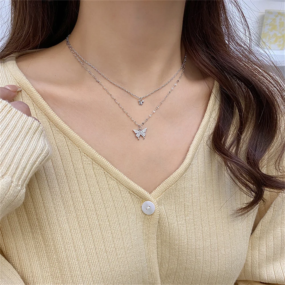 Neue glänzende Schmetterlingskette, exquisite doppellagige Schlüsselbeinkette für Damen, Schmuck als Geschenk für Damen – Detail 3