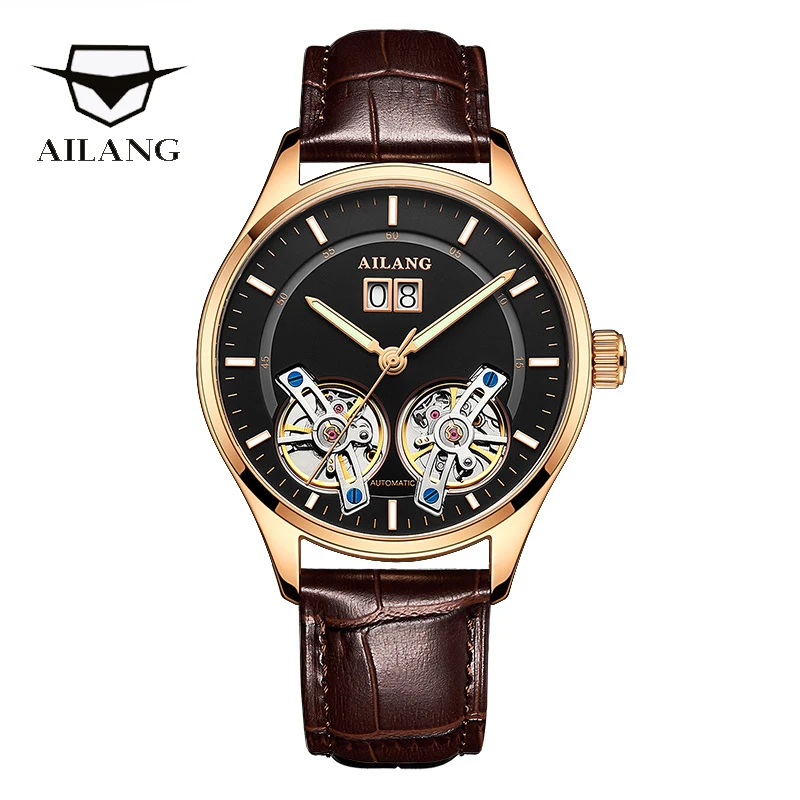 

AILANG Calendar leather strap Men's Watch Automatic Mechanical Watch Double Tourbillon Hollow German Small Men's Watch