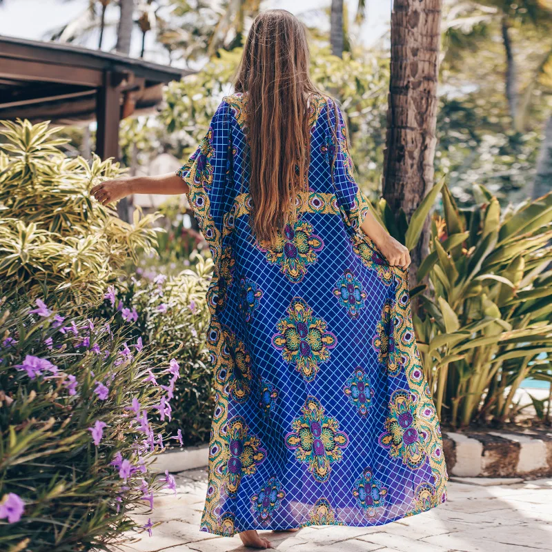 FORERUN Boho Beach Maxi Dress Women Printed Kaftan V Neck Vintage Tunic Robe Plage Femme Beachwear Swimsuit Cover Up