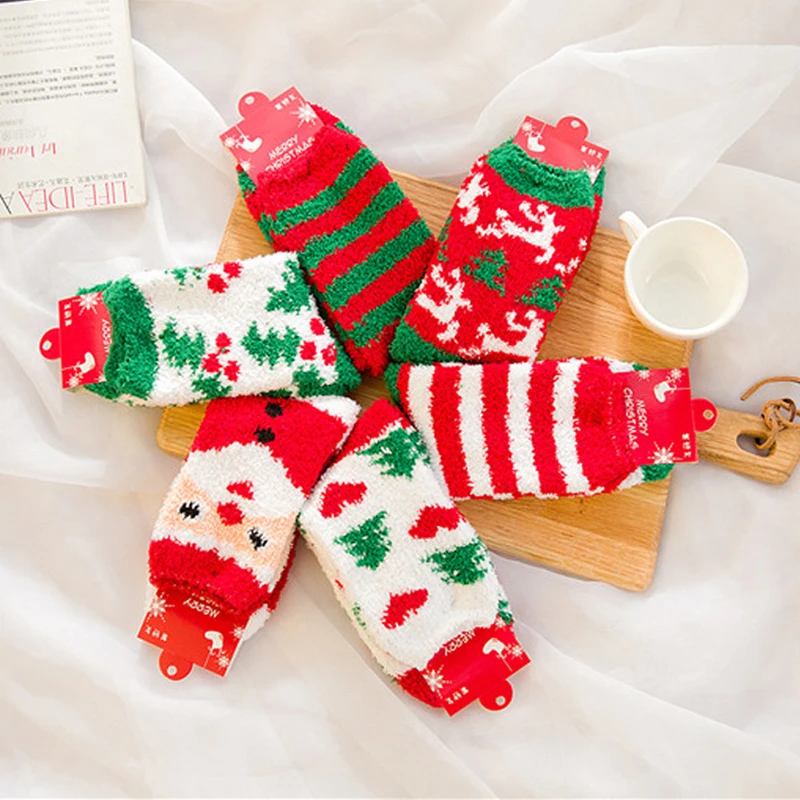 Qisin 1Pairs Women Socks Cotton Christmas Socks Winter New Year Santa Claus Christmas Tree Deer Colorful Kawaii Coral Wool Socks