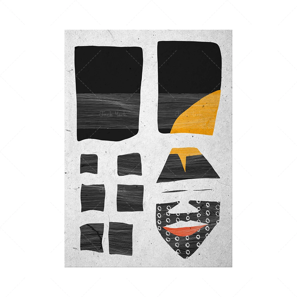 Contemporary Black White Wall Art, Abstract Set of 2 Black Yellow Print, Minimalist Afro Ceremonial Ethno Set, Figurative Set