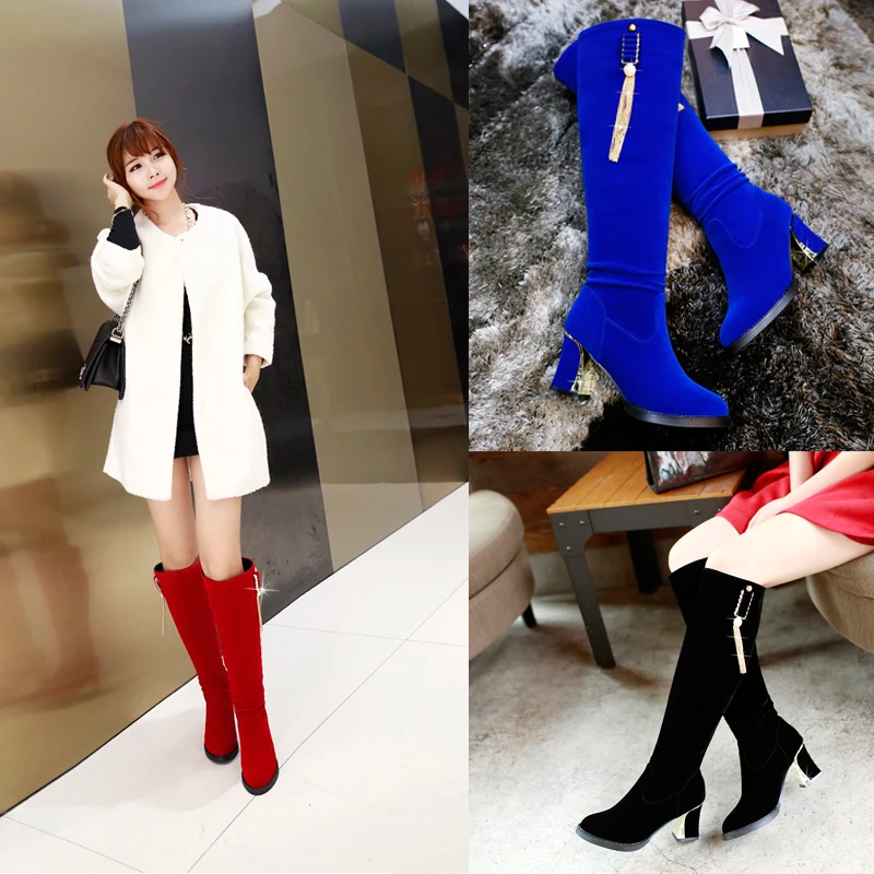 Large Size 34-44 Knee High Boots Women Shoes Woman Fashion High Heels Winter Party Tassel Boots Black Blue Red Bottine Mujer