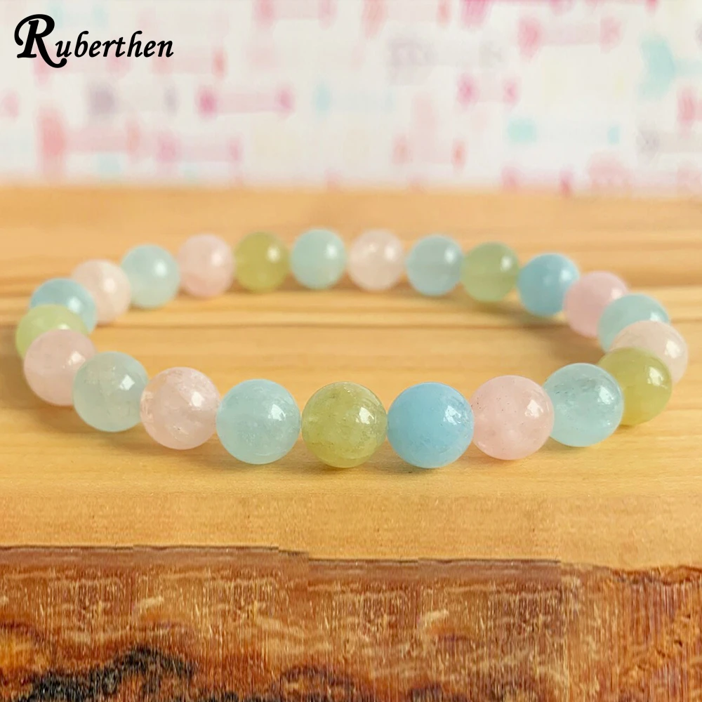 Ruberthen Womwn`s 8 mm AAA Grade Beryl Wrist Mala Bracelet Natural Aqua marine Morganite Heliodor Bracelet Stress Relief Jewelry