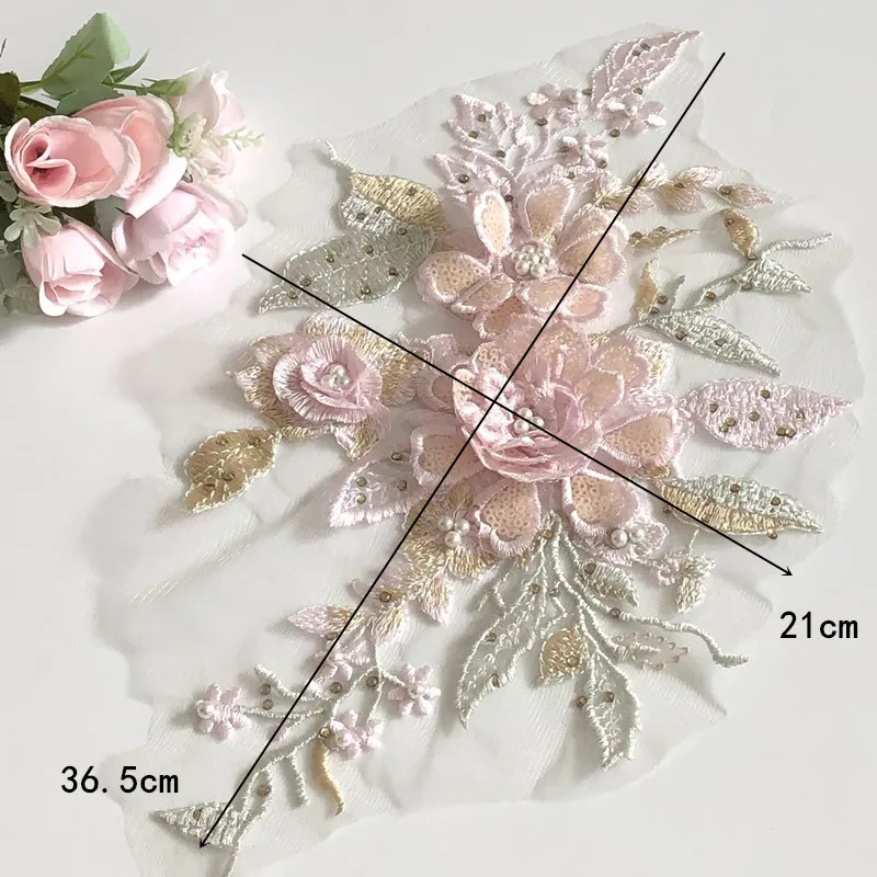 1Pcs Pink 3D Sequin Flower Embroidery Patch Beaded Mesh Fabrics Lace Applique Sewing Wedding Dress Clothes Decoration Craft Diy