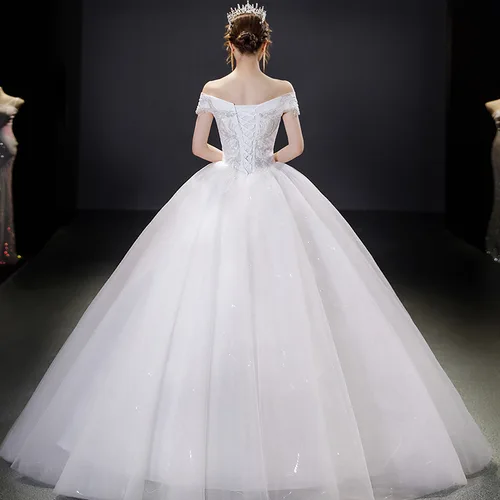 Imagen 2 del producto Vestido de novia largo con cordones, traje de fiesta de encaje, cuello de barco, decoración de lentejuelas, n. ° HMHS-102