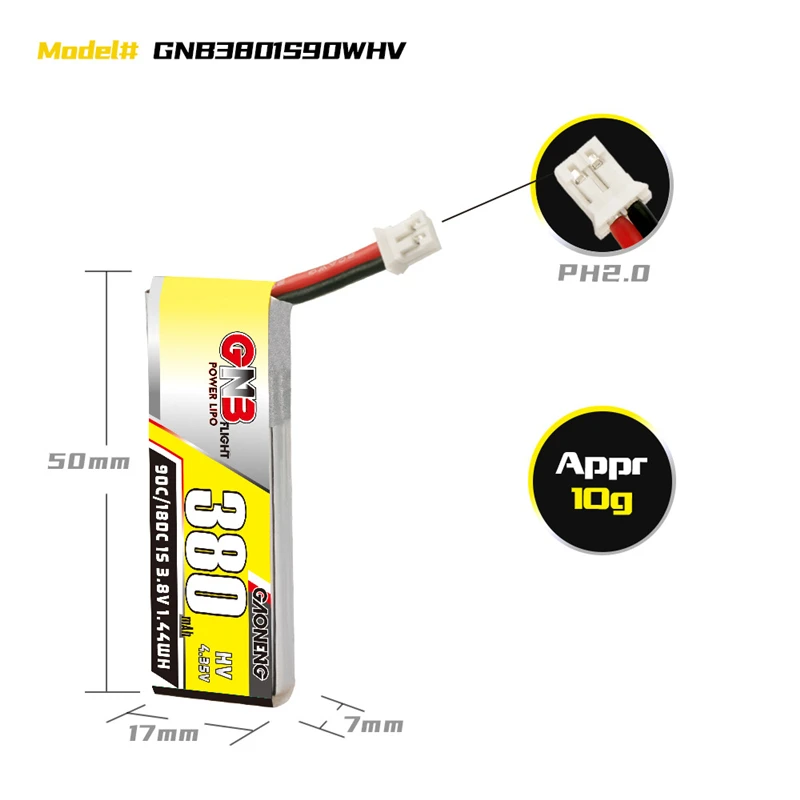 Batería Lipo GNB 1S 3,8 V 300/380/450/550/660/850/mAh con enchufe PH2.0 para Dron de carreras FPV, Micro Quadcopter, helicóptero, piezas RC