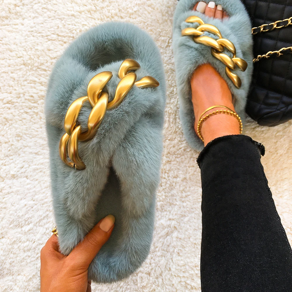 Fluffy Slippers Glitter Crystal Furry Slides Designer Gold Chain Flat Casual Shoes Women\'s Summer Flip-Flops Comfortable Sandals