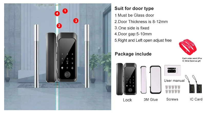 Cerradura de puerta con huella dactilar para exteriores, resistente a la intemperie, IP65, para puerta de vidrio, puerta de madera de 10-12mm, No Control por aplicación Tuya limitado