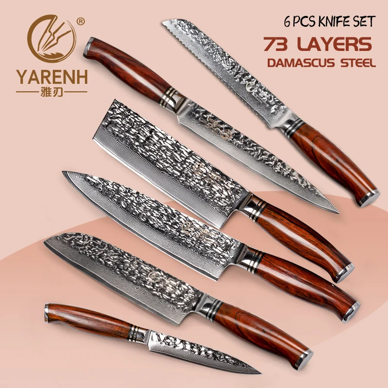 YARENH 2-6 Pcs Kitchen Knives Sets Pro Chef Knife Set Best Cooking Tools 73 Layers Japanese Damascus Steel Dalbergia Wood Handle