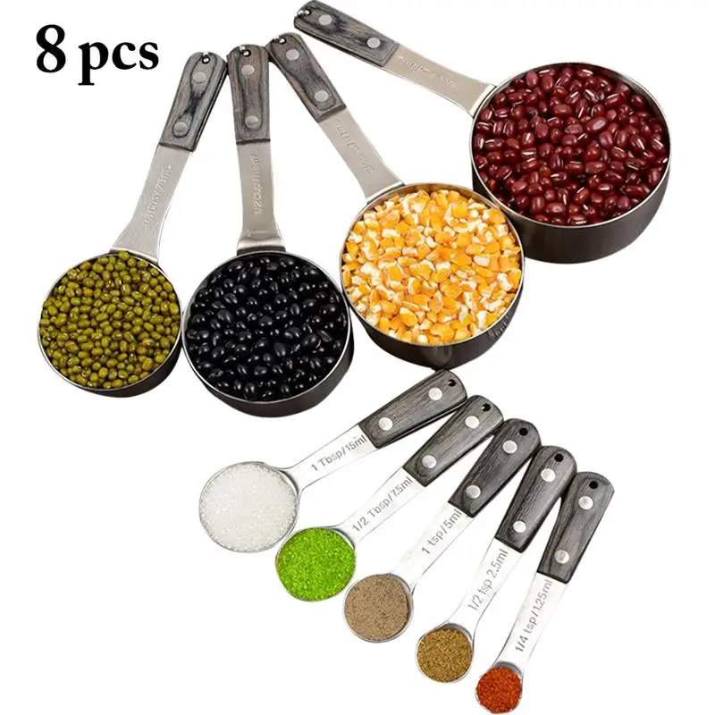 

5Pcs Metal Measuring Spoon With Wood Handle Baking Spoon & 4Pcs Measuring Cup Kitchen Measuring Tools Accessories