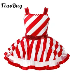 Kids Girls Sequins Striped Ballet Dress Dancewear Sleeveless Leotard Dress Roller Figure Ice Skating Stage Clothes