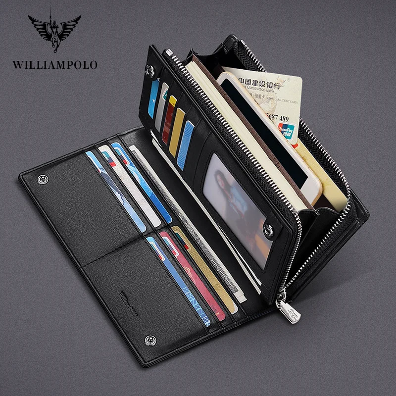 WilliamPOLO Brand Men Genuine Leather Wallet Zipper Coin Pocket Business Clutch Wallets Bag Male Long Wallets Men Wallet For Men