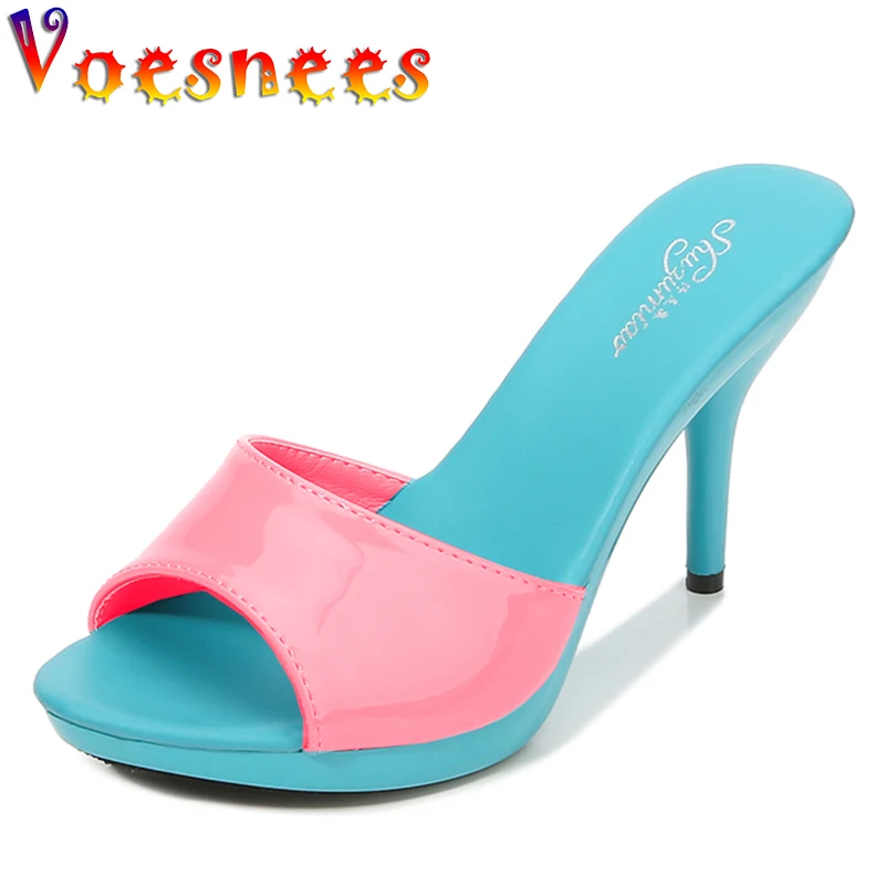 Voesnees Brand Summer Slippers Women Mixed Colors PU Fine Heel 9cm Outside Sandal Platform Sexy Slipper Women Shoes Slides Heels