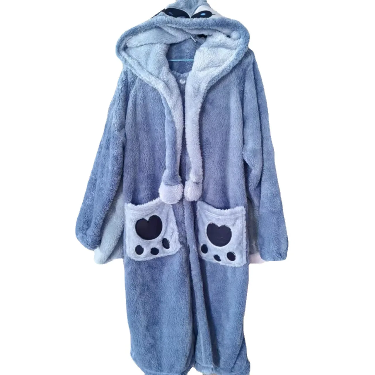 Kawaii Cartoon Rabbit Police Officer Blue Flannel Thickened Long Nightgown For Men Women With Ear Warm Coral Fleece Home Service