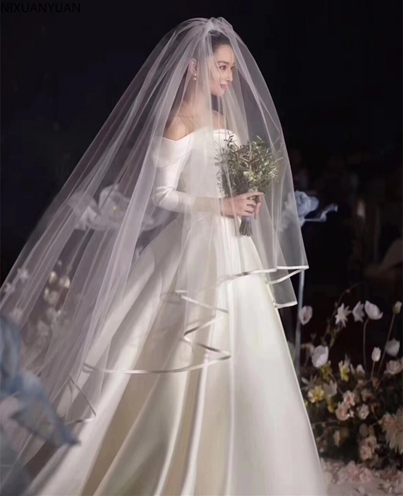 Real Photo Weiß/Elfenbein Zwei Schicht Hochzeit Schleier 3,5 m Band-Rand Mantilla Braut Schleier der Braut Hochzeit Zubehör veu De Noiva