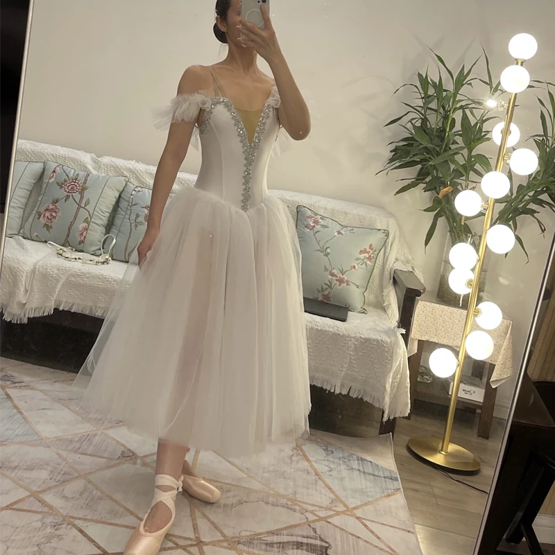 Vestido longo branco para meninas, Tutu de balé romântico, bailarinas profissionais do Lago dos Cisnes, fantasia de fada infantil feminina