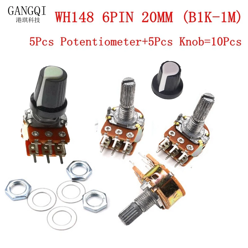 5pcs/Lot Carbon Film Potentiometer WH148 20mm 6pin + Rotary Switch Knobs Cap Kit B1K 2K 5K 10K 20K 50K 100K 250K 500K 1M