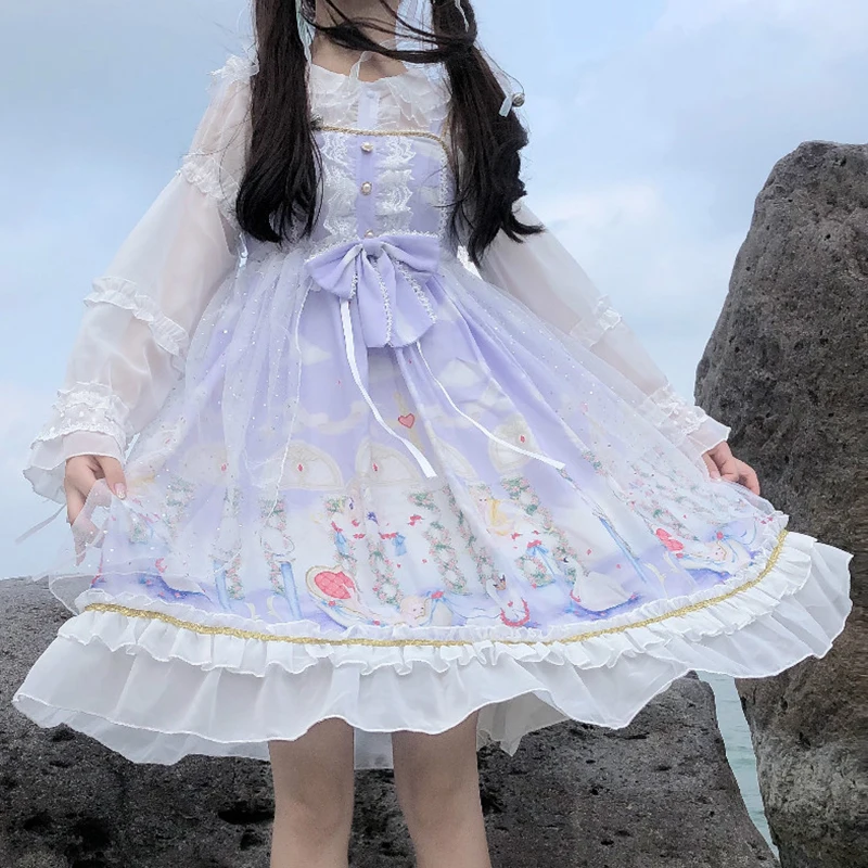 

Japanese Angel Love Print High Waist Ruffles JSK Sling Dress for Women Summer kawaii clothing sweet Lolita dress medieval dress