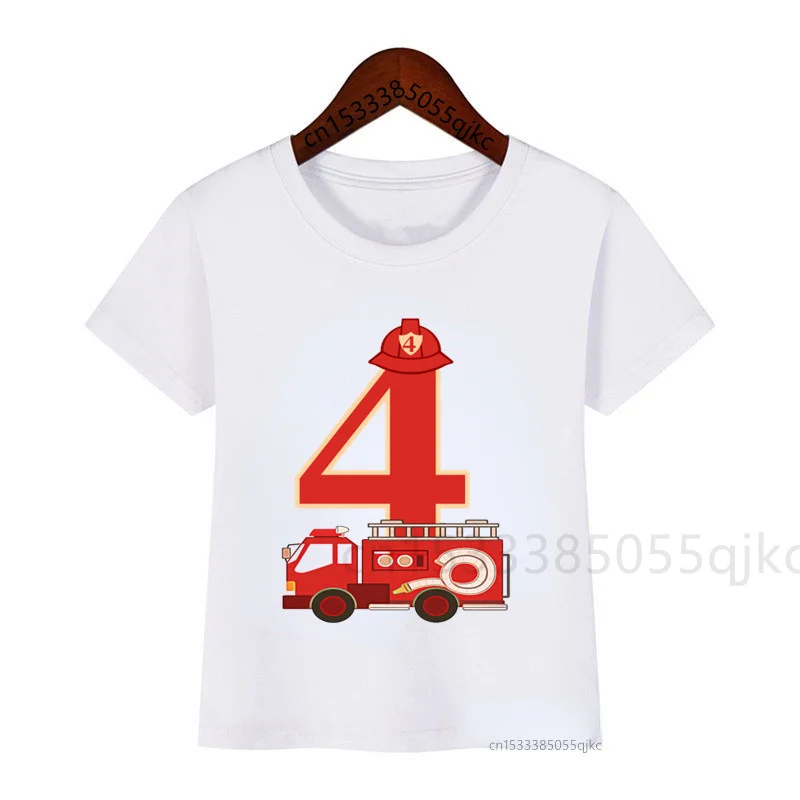 Numbers 1-9 Children\'s Cartoon Fire Engine Birthday Number T-shirt Boy Girl Firefighter T-shirt White T-shirt Cute Funny T-shirt