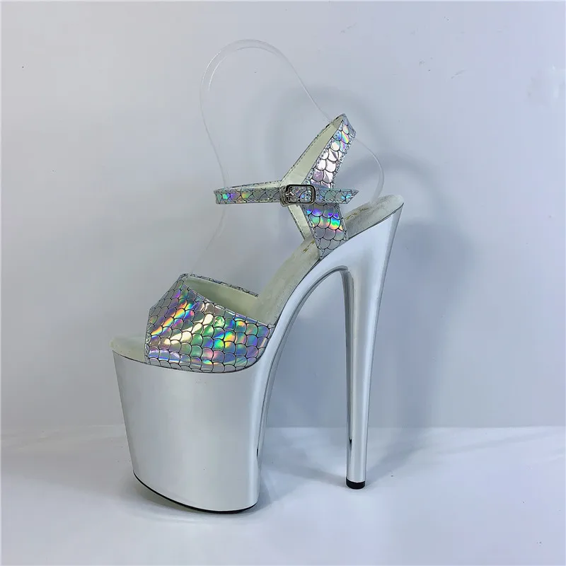 8 inch high heel banquet stage shoes, fish scale upper silver plating 20 cm stiletto sandals, sexy model pole dancing shoes