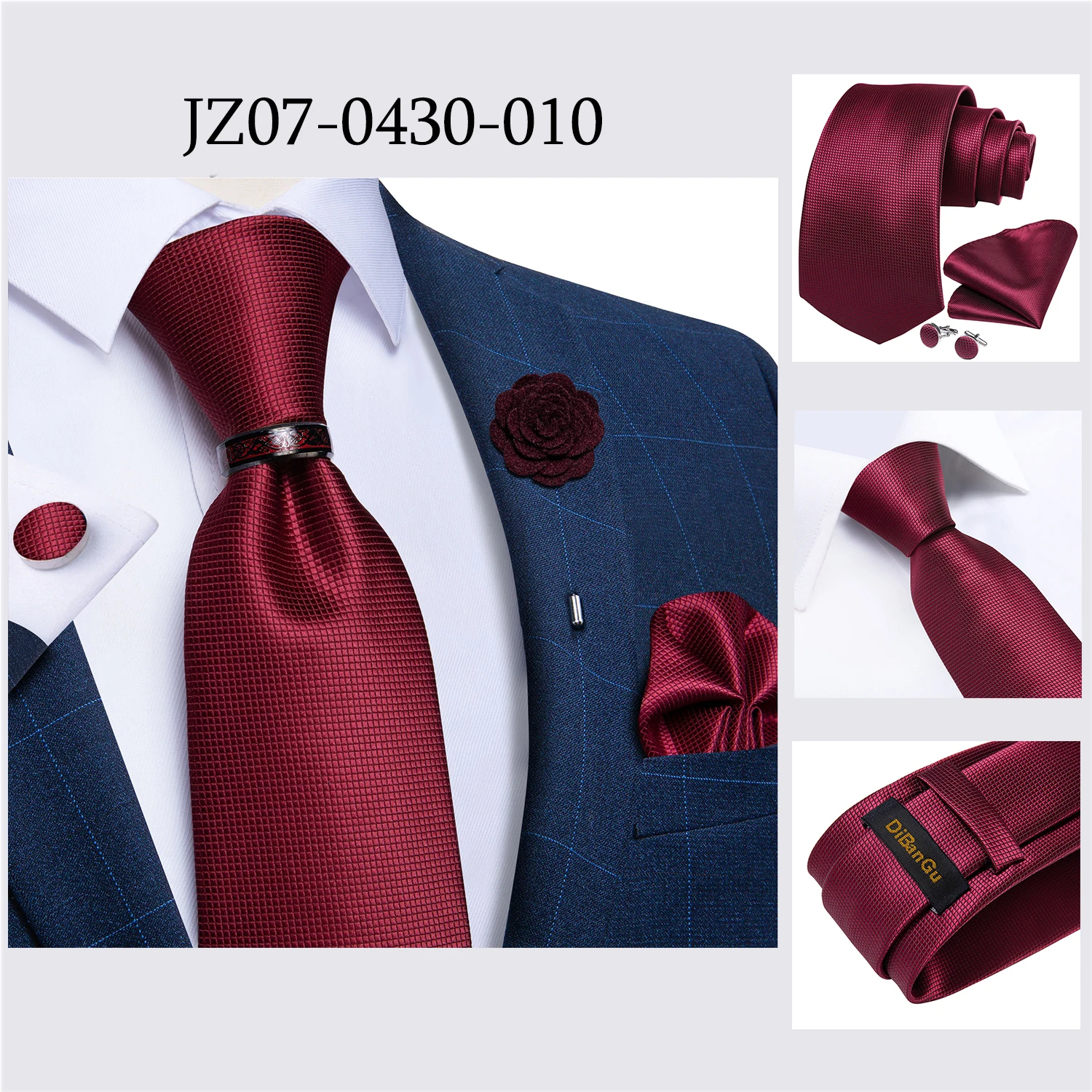 Handgefertigte Paisley-Blumen-Krawatte in Königsblau für Herren, klassische 8 cm breite gewebte Jacquard-Krawatte mit Einstecktuch, Manschettenknöpfen und Brosche – Detail 39