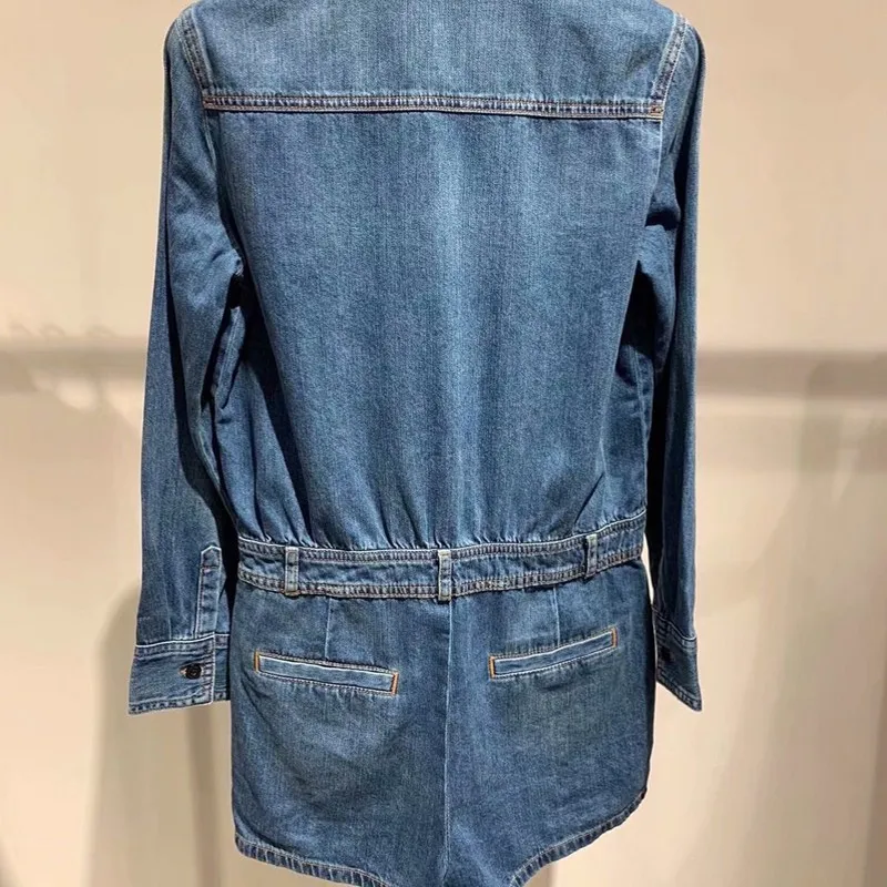 Wanita Kasual Lengan Panjang Denim Playsuit One Piece Single Breasted Kantong Kargo Jeans Jumpsuit Musim Semi Baru Wanita Celana Pendek Bodysuit