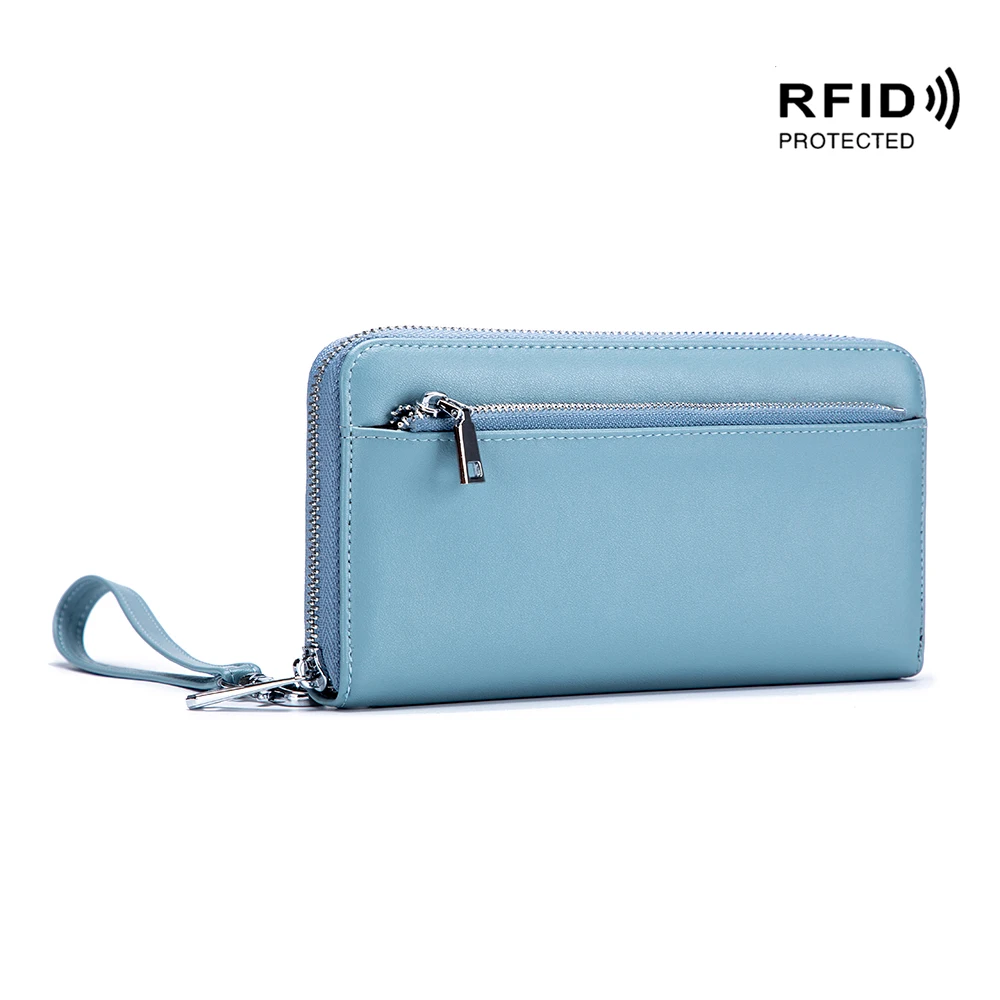 Genuine Leather Wallet RFID Blocking Unisex Business Clutch Wallet Large Capacity Organizer Purse Phone Passport Pouch Wrist Bag