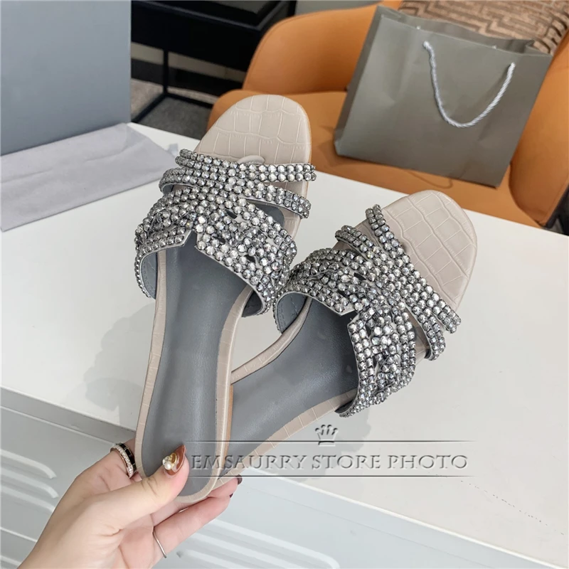 Sexy Real Leather Flip Flops Luxury Rhinestone Crystal Flat Heel Lazyman Mules Stone Grain Diamond Summer Slippers Women