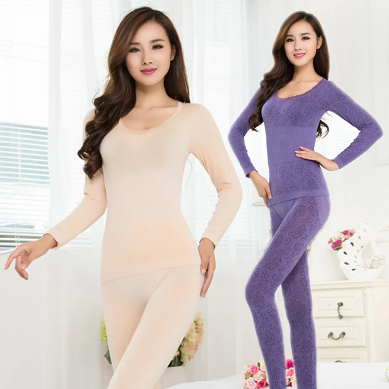 2021 Lace Thermal Underwear Sexy Ladies Clothes Winter Seamless Antibacterial Warm Intimates Print Long Johns Women Shaped Sets