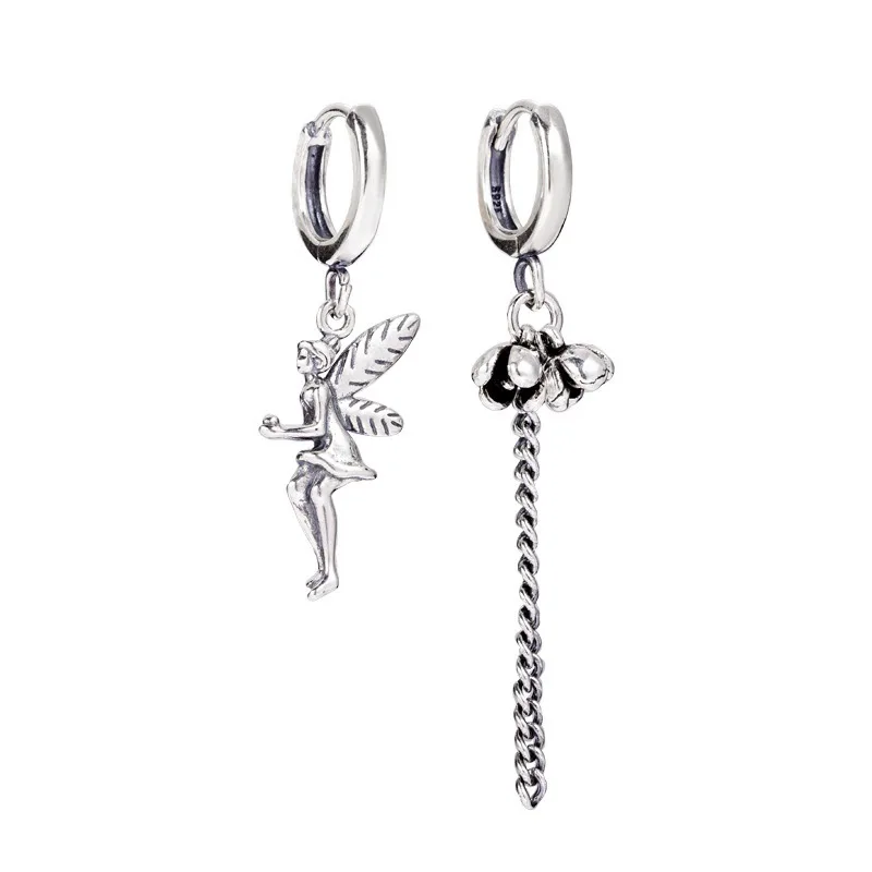 100% 925 Sterling Silver Vintage Sweet Little Angel Girl Flower Asymmetry Ladies Long Tassel Stud Earrings Jewelry For Women