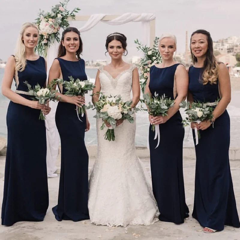 Vestidos de dama de honor Línea A, cuello redondo, fajas, tanque, longitud hasta el suelo, simples, formales, vestidos de fiesta de boda, recién llegados