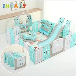 IMBABY Babys Playpen With Trojan Slide Swings Free Mats Baby Safety Barrier Dry Ball Pool Children Kids Fence Indoor Game Center