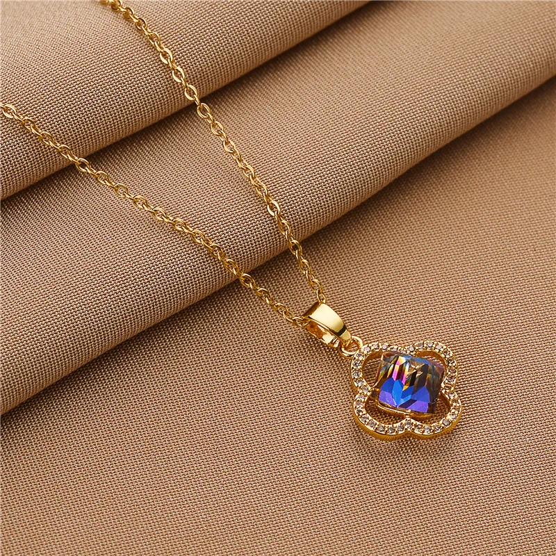 Korean Style Blue Crystal Four Leaf Flower Pendant Women Necklace Ladies Elegant Gold Color Stainless Steel Chokers Necklaces