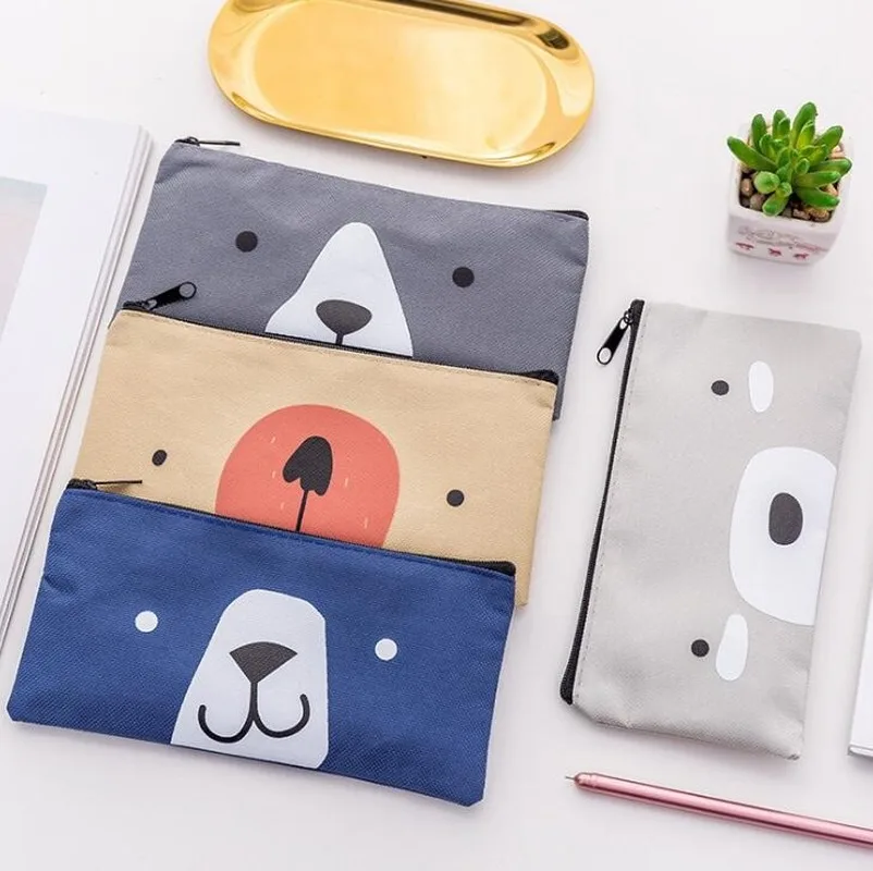 Canvas Cartoon Bear Pattern Pencil Case Stationery Bag Large Capacity Pencil Box Staff Women Girls Portable Tampons Storage Bag