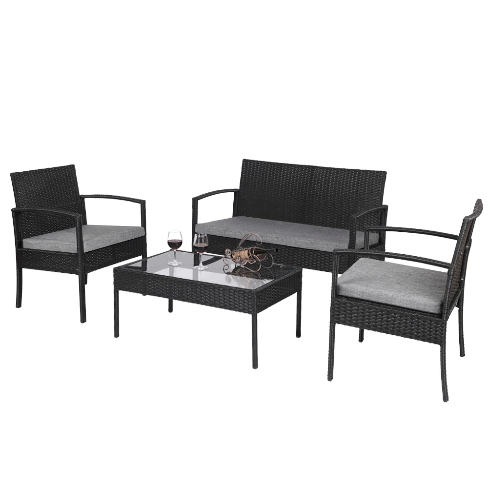 Outdoor Patio  Furniture Set 4 PCS Outdoor Patio Rattan Wicker Furniture Set with Table Sofa Cushioned Black US Warehouse