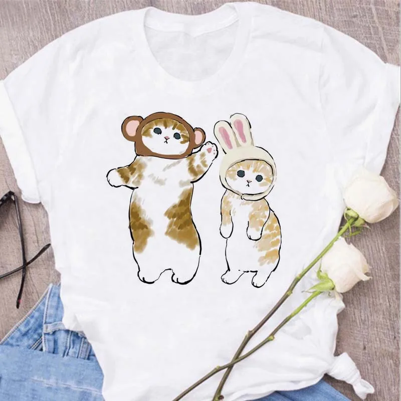 Cute Cats Printing Women T-shirts New Kawaii Women\'s Tshirt Fashion Women Clothing Funny Korean Style T-Shirts Shirts for Woman