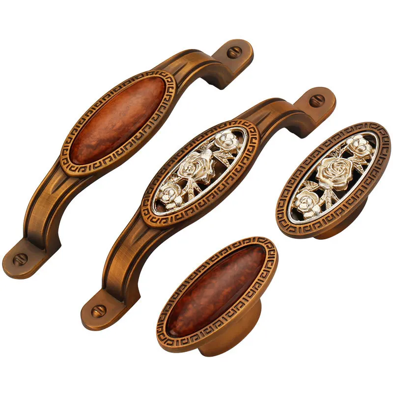 Chinese Ceramic Matte Brown Decorative Furniture Jade Door Handle Drawer Wardrobe Flush Handles Ancient Silver Inlay Handle