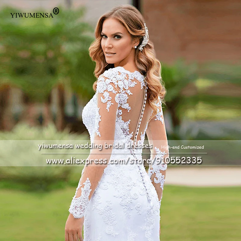 Abito da sposa a sirena bianca Boho maniche lunghe donna festa formale matrimonio sposa perle abito da sposa abiti Appliques di lusso 2023