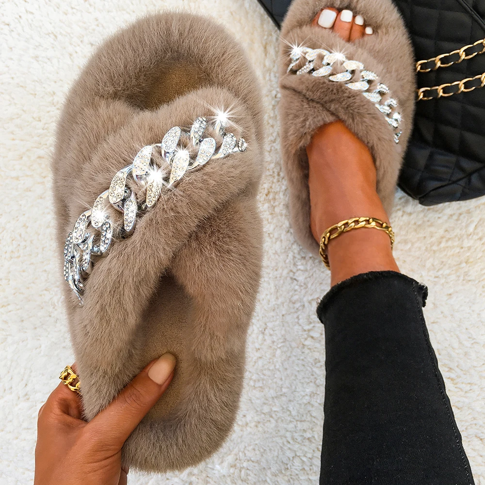 Fluffy Slippers Women Fashion Chain Cross Band Faux Fur Flip Flops Flat Furry Fur Slides Outdoor Sandals Summer House Slippers