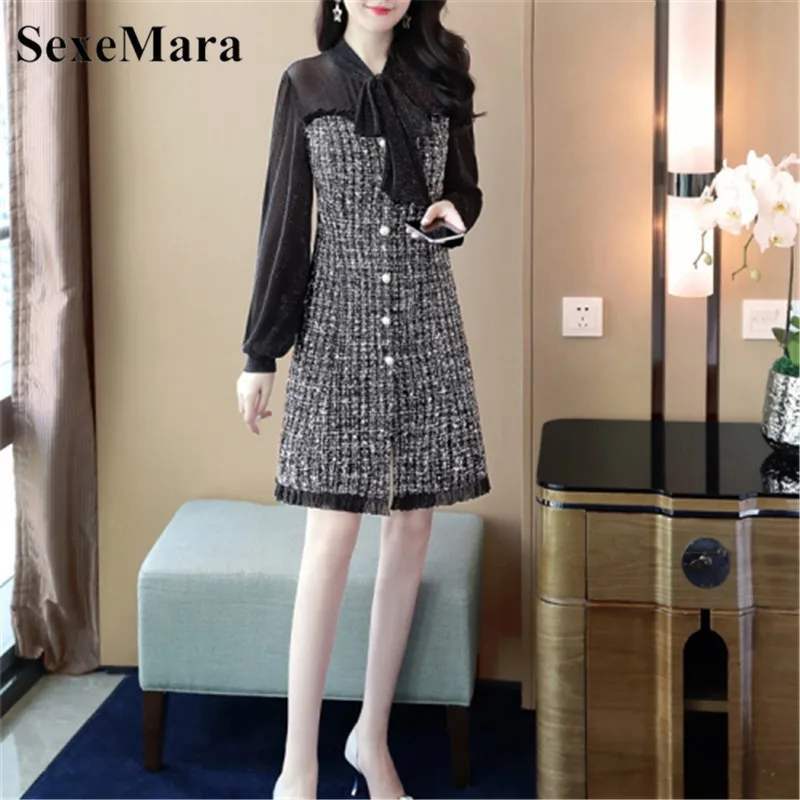 Tweed dress autumn and winter new bow tie small fragrance stitching chiffon lantern sleeves long sleeve Mini dress