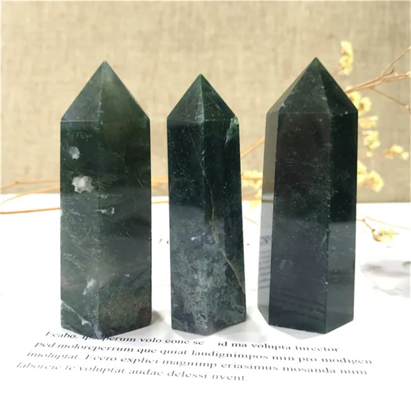 Hot selling crystal healing stone natural moss agate wand point towers for gifts