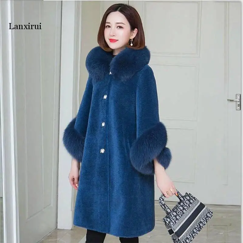 Fashion Winter Women's Thick Warm Faux Mink Fur Outerwear Middle Aged Female Faux Fur Coats with Fox Collar