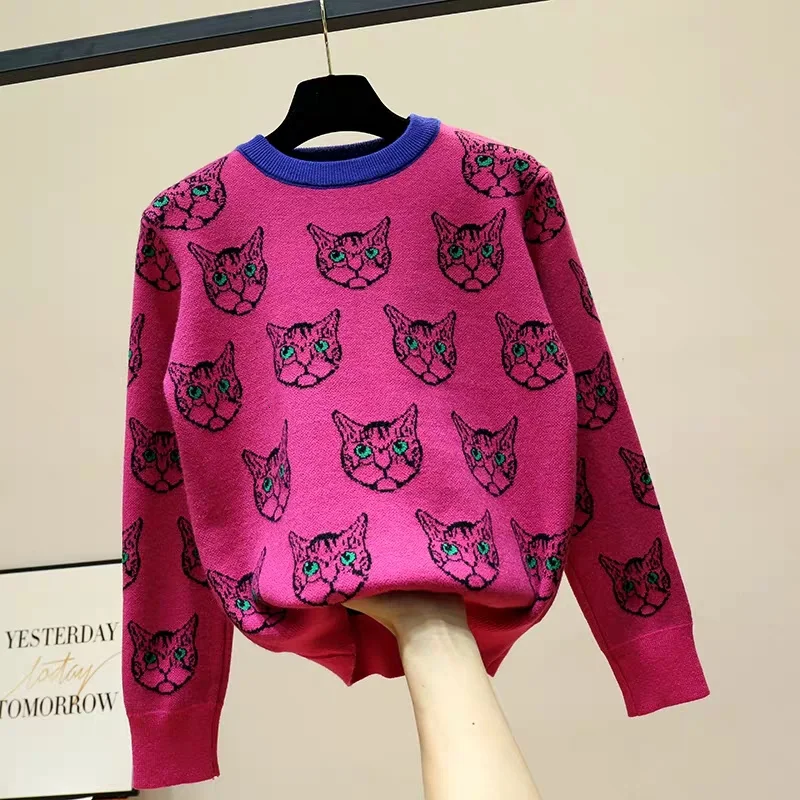 High Quality Runway Designer Cat Print Knitted Sweaters Pullovers Women Autumn Winter Long Sleeve Harajuku Sweet Jumper