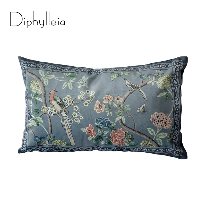 

Diphylleia Classical Chinese Style Cushion Cover Flowers And Birds Print Velvet Lumbar Pillow Decorative Asian Throw Pillowcase