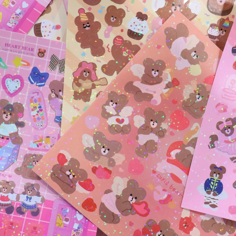 Cartoon Bear Blingbling Cute Stickers Waterproof Korea Ins Beautiful Shiny Laser Mobile Phone Stationery Diy Decorative Sticker